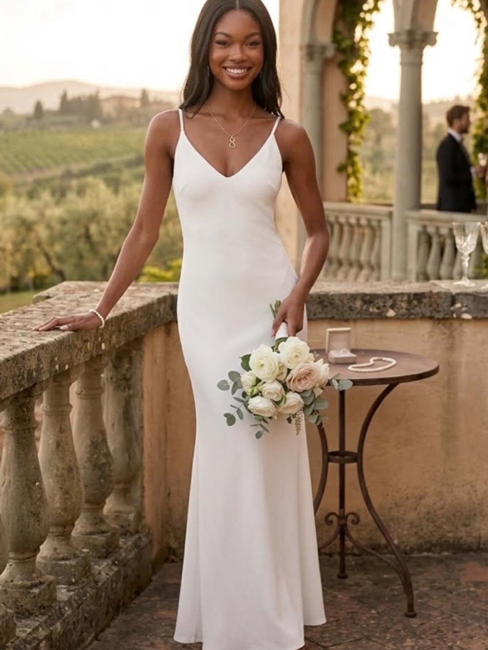 New Infinite Glory Elegant White V-Neck Spaghetti Strap Bridal Dress Sz XS